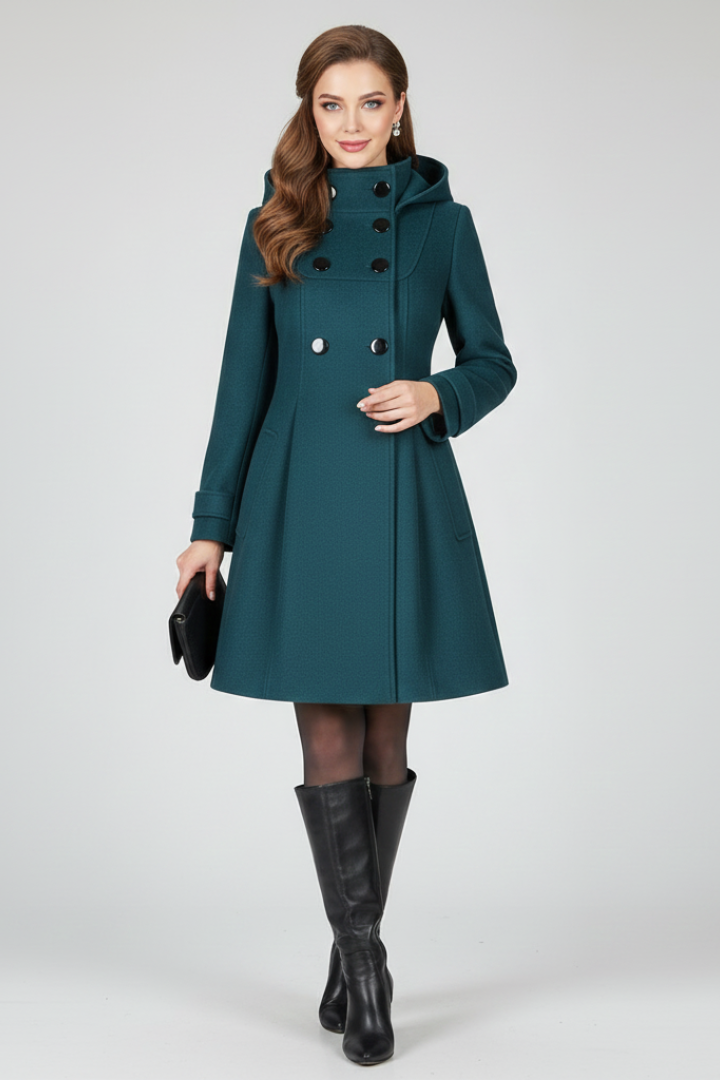 Women's Winter Coat Double-Breasted with Hood and A-Line Silhouette