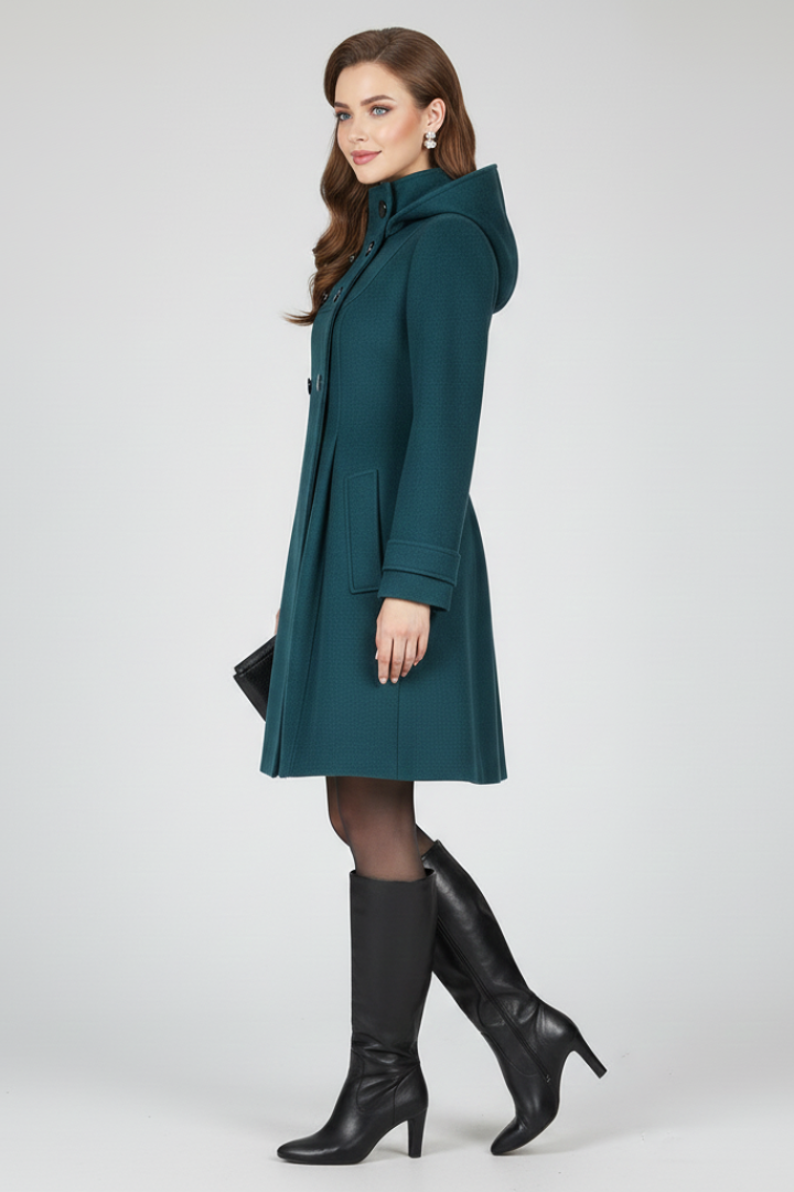 Women's Winter Coat Double-Breasted with Hood and A-Line Silhouette
