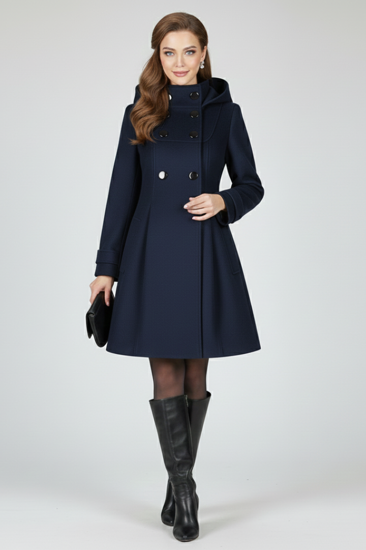 Women's Winter Coat Double-Breasted with Hood and A-Line Silhouette
