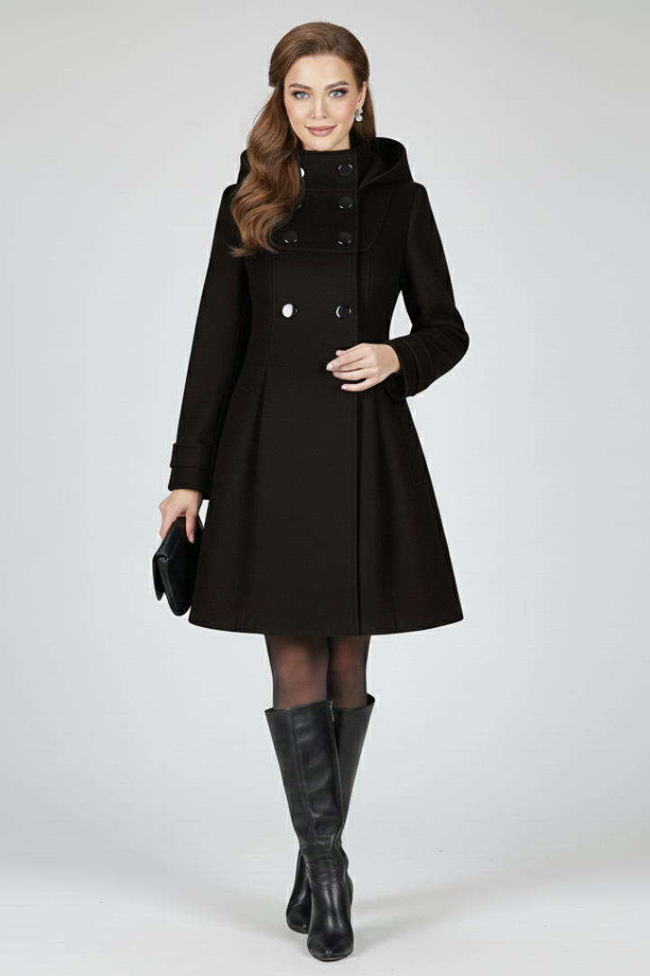 Women's Winter Coat Double-Breasted with Hood and A-Line Silhouette