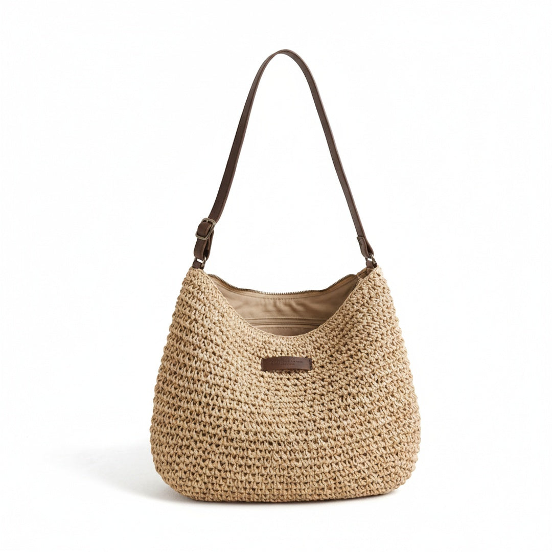 Women's Woven Straw Hobo Shoulder Bag with Adjustable Strap and Zip Closure