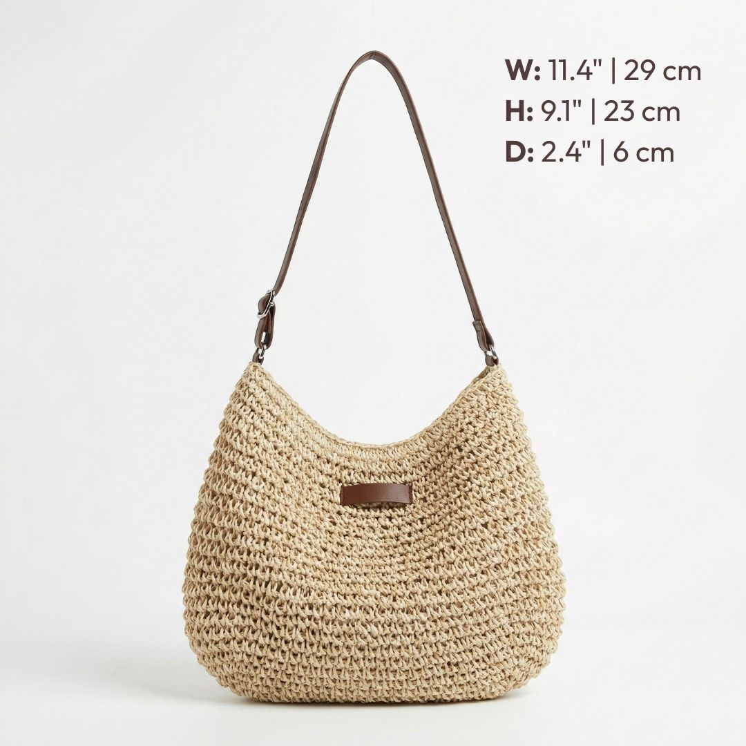 Women's Woven Straw Hobo Shoulder Bag with Adjustable Strap and Zip Closure