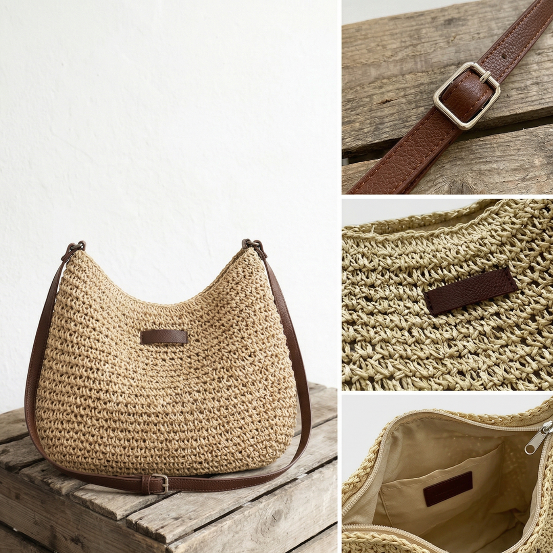 Women's Woven Straw Hobo Shoulder Bag with Adjustable Strap and Zip Closure