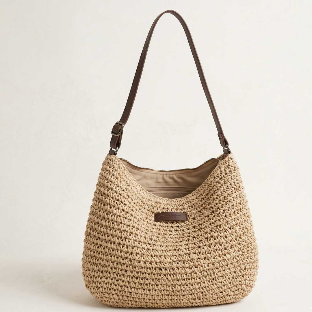 Women's Woven Straw Hobo Shoulder Bag with Adjustable Strap and Zip Closure