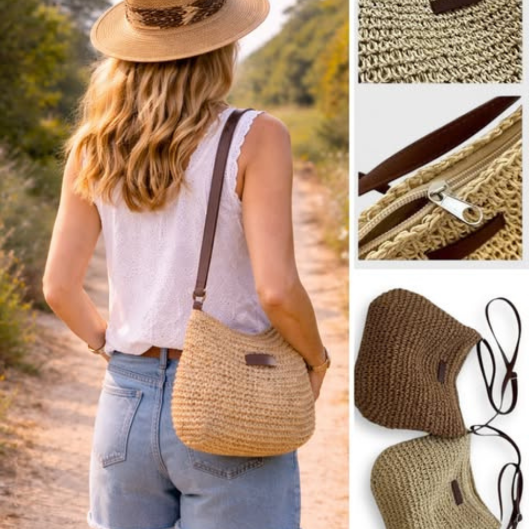 Women's Woven Straw Hobo Shoulder Bag with Adjustable Strap and Zip Closure