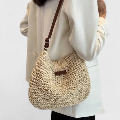 Women's Woven Straw Hobo Shoulder Bag with Adjustable Strap and Zip Closure
