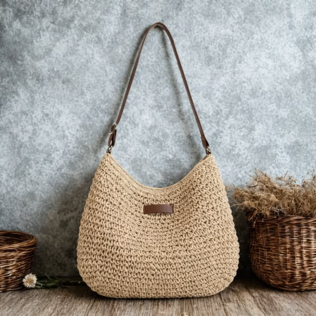 Women's Woven Straw Hobo Shoulder Bag with Adjustable Strap and Zip Closure