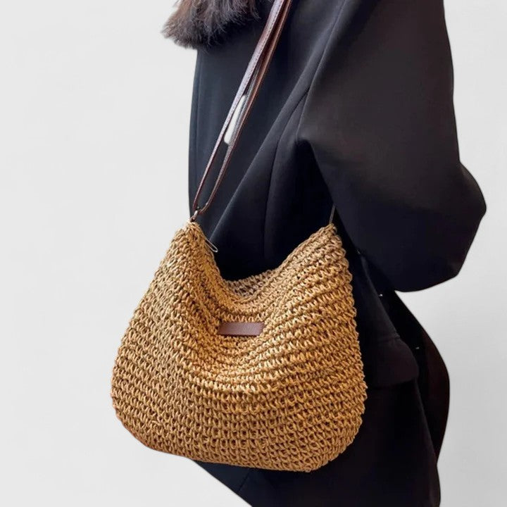 Women's Woven Straw Hobo Shoulder Bag with Adjustable Strap and Zip Closure