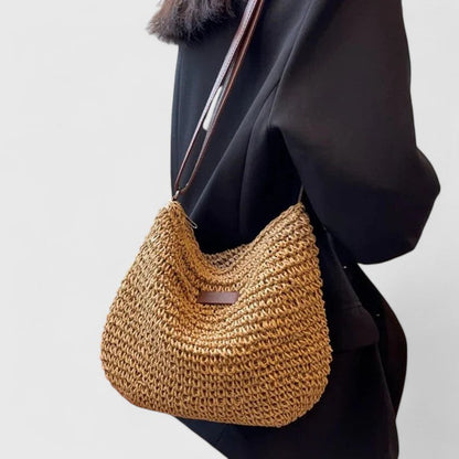 Women's Woven Straw Hobo Shoulder Bag with Adjustable Strap and Zip Closure