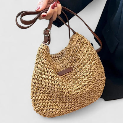 Women's Woven Straw Hobo Shoulder Bag with Adjustable Strap and Zip Closure