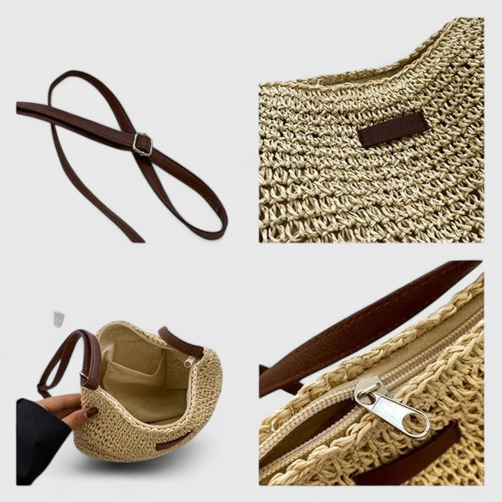 Women's Woven Straw Hobo Shoulder Bag with Adjustable Strap and Zip Closure